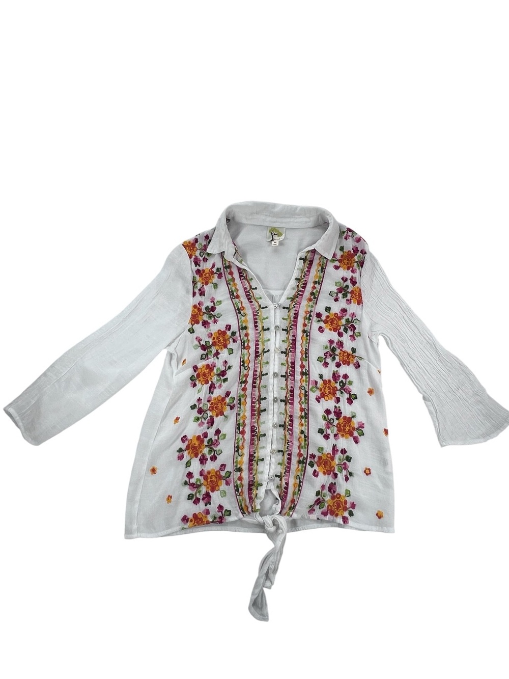 Fig and Flower White Floral Embroidered Button Down Blouse Tie Front Bell Sleeve